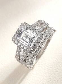 AIHUASI 2pcs/Set Vintage 925 Sterling Silver 7*9mm Emerald Cut High Cubic  Wedding Engagement Ring Set For Women Bridal's Fine Jewelry Valentines Gift - Silver - View 2