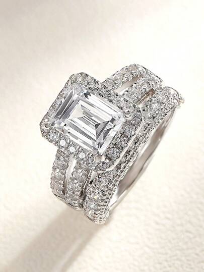 AIHUASI 2 st/set Vintage 925 Sterling Silver 7*9 mm Emerald Cut High Cubic Zirconia Bröllopsförlovningsring Set för Kvinnor Bröllopspresent för fina smycken