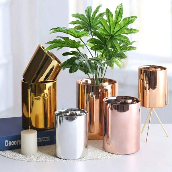 Golden Light Luxury Ceramic Electroplated Flower Pot, Mirror Flower Pot