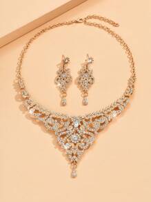 3 件套女士欧美时尚婚礼套装长耳环项链水钻新娘婚礼派对生日礼物 - 金色 - 查看 2