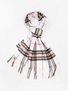 1pc Multicolor Plaid Faux Cashmere Scarf With Tassels, Suitable For Daily Commuting And Outfit Matching - White - View 1