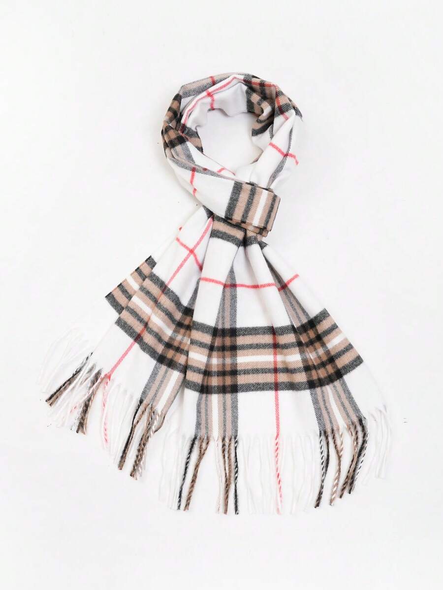 1pc Multicolor Plaid Faux Cashmere Scarf With Tassels, Suitable For Daily Commuting And Outfit Matching - White - View 1