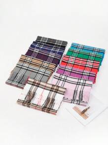 1pc Multicolor Plaid Faux Cashmere Scarf With Tassels, Suitable For Daily Commuting And Outfit Matching - White - View 7