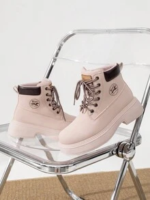 秋季新款靴子,流行英倫風女式工作靴,戶外鞋 - 藕粉色 - 查看 5