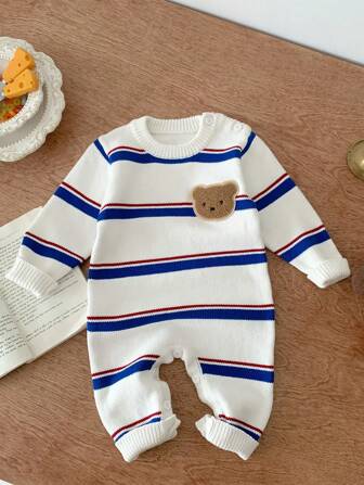 寶寶男孩可愛熊頭針織上衣連帽連體褲，適用於春秋季節