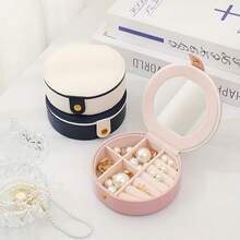 1 件圓形 Pu 皮革首飾盒,附鏡子和分隔件,抗氧化收納盒,可存放耳環、戒指、美甲,方便收納項鍊、口紅和其他配件 - 玫紅色 - 查看 7