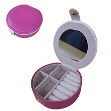 1 件圓形 Pu 皮革首飾盒,附鏡子和分隔件,抗氧化收納盒,可存放耳環、戒指、美甲,方便收納項鍊、口紅和其他配件 - 玫紅色 - 查看 1