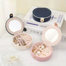 1 件圓形 Pu 皮革首飾盒,附鏡子和分隔件,抗氧化收納盒,可存放耳環、戒指、美甲,方便收納項鍊、口紅和其他配件 - 玫紅色 - 查看 5