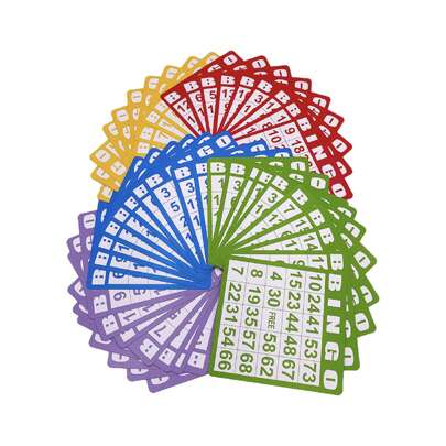 50 张，卡片尺寸为 5 英寸宽和 5.3 英寸高，印刷粗体数字，易于阅读的宾果游戏卡，宾果套装，混合颜色，包括每种颜色 10 张卡片：红色、蓝色、黄色、紫色和绿色，儿童派对纸牌游戏，学校教室家庭聚会活动，旅行，如果用墨水笔标记，每张卡可使用一次，宾果玩家会喜欢玩这些宾果卡。,宾果派对,宾果板,宾果配件
