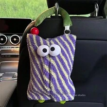 1pc Diagonal Stripe Cute Monster Tissue Box, Hanging Roll Tissue Holder, Car Tissue Dispenser, Portable Tissue Bag - Black and White - View 3
