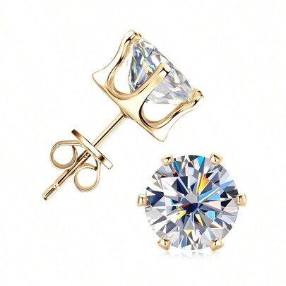 XUJIA 1Pair Crown Six Prong 3mm/4mm/5mm/6.5mm/8mm/9mm Classic Round Moissanite Stud Earrings For Women 925 Sterling Silver Stud Earrings D Color VVS1 Gemstone Yellow Gold Color Jewelry Gifts