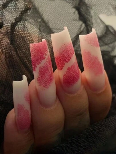 24pcs/Set Long Strawberry Red Matte & Flame Red Lips Print & Kiss Mark Lips Print Sexy Square Shaped False Nails For Valentine's Day + 1pc Jelly Glue + 1pc Nail File Press On Nails Supplies