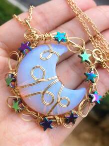 Crystal Amethyst Moon Star Life Tree Mix Material Healing Stones Chips Pendant Necklace