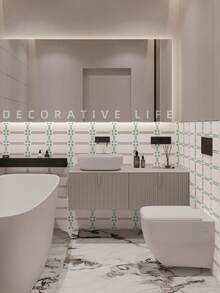 9pcs/Set Mint Green Line Stripe Textured Tile Sticker, Pvc Glossy Wall Decor Decal With No Glue, Perfect For Kitchen And Bathroom Backsplash, Waterproof Peel And Stick Wall Mural Decal, Removable Diy Home Decor Stickers - Mint Green - View 5