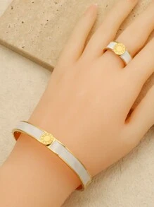 1 bộ/2 cái Thép không gỉ Men răng Nhẫn Bộ nhẫn Đối với phụ nữ Tròn Chữ số La mã Vòng tay Vàng Màu sắc Hợp thời Mới Lắc tay Bộ trang sức - Vàng - Xem 6