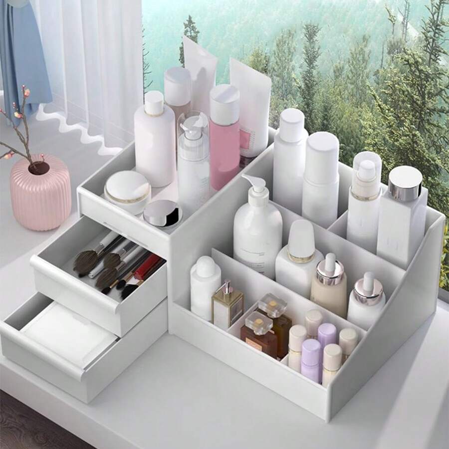 1pc Plastic Bathroom Vanity Table Cosmetic Storage Box With 2 Drawers, Jewelry Organizer Storage Box For Lipstick, Eyebrow Brush, Makeup Brush, Eye Shadow, Nail Polish, Desktop Dictionary Storage Box For Office - White - View 1