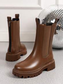 女士春秋靴厚底切尔西靴中筒烟囱靴女款 - 棕色 - 查看 6