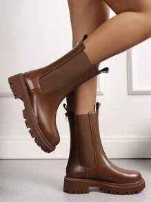 女士春秋靴厚底切尔西靴中筒烟囱靴女款 - 棕色 - 查看 4