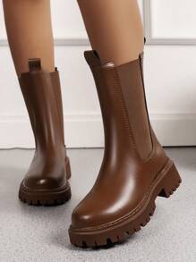 女士春秋靴厚底切尔西靴中筒烟囱靴女款 - 棕色 - 查看 3