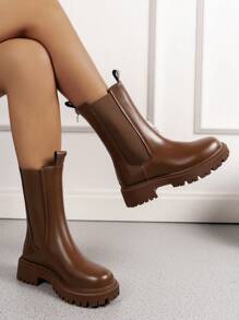 女士春秋靴厚底切尔西靴中筒烟囱靴女款 - 棕色 - 查看 2
