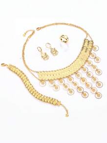 5入組豪華重金屬外觀戒指、耳環、項鍊、手鐲珠寶套裝 - 金黃色 - 查看 5