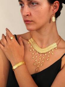 5入組豪華重金屬外觀戒指、耳環、項鍊、手鐲珠寶套裝 - 金黃色 - 查看 1