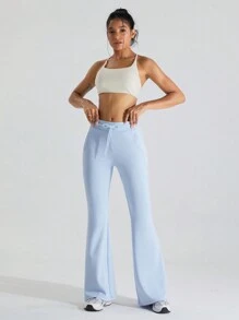 Women's Drawstring Side Pocket Hip Casual Flared Yoga Pants - Blue - View 8