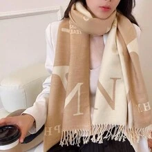 時尚女士字母印花圍巾,冬季卡其色保暖包裹披肩雙用 - 卡其色 - 查看 5