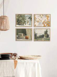 4 幅植物畫布畫復古法國鄉村繪畫海報鄉村風景壁畫橙色杯牆壁畫檸檬藝術印刷品北歐海報客廳牆壁裝飾無框 - 杏色 - 查看 3