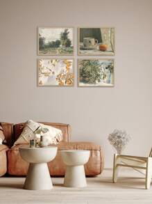 4 幅植物畫布畫復古法國鄉村繪畫海報鄉村風景壁畫橙色杯牆壁畫檸檬藝術印刷品北歐海報客廳牆壁裝飾無框 - 杏色 - 查看 5