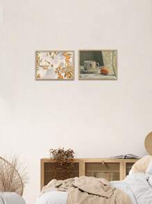 4 幅植物畫布畫復古法國鄉村繪畫海報鄉村風景壁畫橙色杯牆壁畫檸檬藝術印刷品北歐海報客廳牆壁裝飾無框 - 杏色 - 查看 6