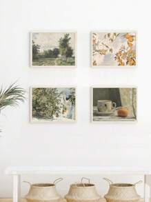 4 幅植物畫布畫復古法國鄉村繪畫海報鄉村風景壁畫橙色杯牆壁畫檸檬藝術印刷品北歐海報客廳牆壁裝飾無框 - 杏色 - 查看 4