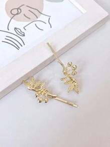 2入組,優雅,簡單,多功能,休閒一線夾,金屬葉裁剪器,鹿角劉海夾,側夾,適用於日常使用 - 金色 - 查看 5