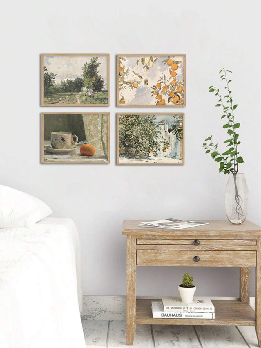 4 幅植物畫布畫復古法國鄉村繪畫海報鄉村風景壁畫橙色杯牆壁畫檸檬藝術印刷品北歐海報客廳牆壁裝飾無框 - 杏色 - 查看 1