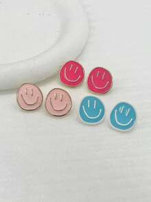 3 對/套時尚簡約鋅合金材質可愛臉耳環 - 彩色 - 查看 3