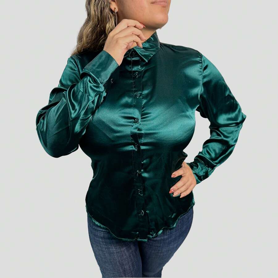 Fashionable Green Satin Blouse - Green - View 1