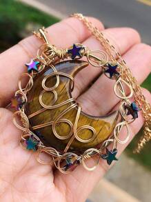 Crystal Amethyst Moon Star Life Tree Mix Material Healing Stones Chips Pendant Necklace