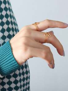 1個女性時尚歐美風格的不鏽鋼和24k金幾何開放式戒指,創意獨特的冬季戒指,適合節日禮品 - 金色 - 查看 9