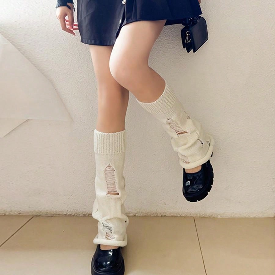 1pair White & Coffee Color Rolled Hem Ripped Flared Knit Leg Warmers