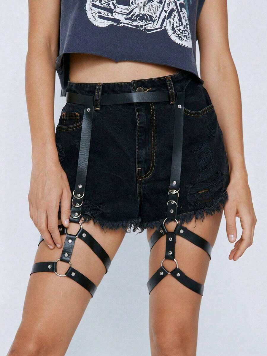 1pc Adjustable Black Goth Belt With Triple Buckle Decor, Punk Style - Black - View 1