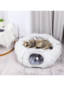 1入組長毛絨折疊式寒冬貓狗床,貓隧道,圓形毛絨暖寵物窩,適用於小型犬 - 灰色 - 查看 1