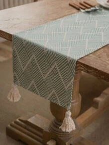 1入現代風格幾何圖案桌旗，提花技藝長條桌布，適用於餐桌、咖啡桌、電視櫃、五斗櫃防塵套裝飾床旗 - 綠色 - 查看 2