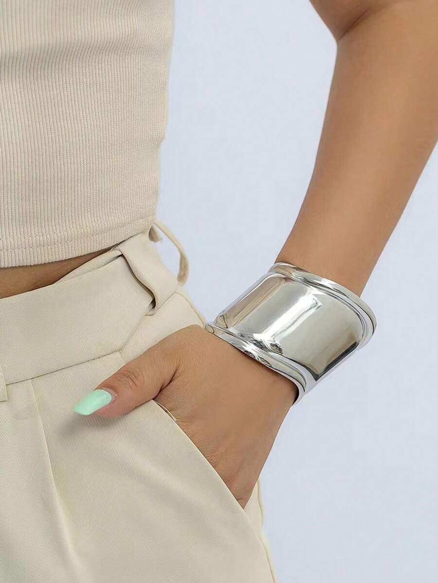 1pc Geometric Wide Cuff Bracelet, Fashionable And Exaggerated - Silver - View 1
