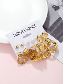 1 套 12 對女式多色 C 形幾何心形、人造珍珠和水鑽裝飾鐵耳釘套裝,適合日常佩戴 - 彩色 - 查看 2