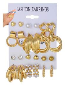 1 套 12 對女式多色 C 形幾何心形、人造珍珠和水鑽裝飾鐵耳釘套裝,適合日常佩戴 - 彩色 - 查看 1