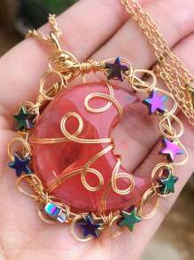 Crystal Amethyst Moon Star Life Tree Mix Material Healing Stones Chips Pendant Necklace