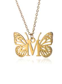 1入單一金色不銹鋼字母a-z首飾蝴蝶墜項鍊,適合女性,節日禮物 - 金色 - 查看 32