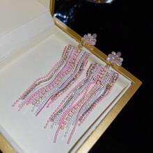 1pair 925 Sterling Silver Long Chain Tassel & Rhinestone Decor Earrings, Suitable For Women'S Daily Wear And As Evening Party Jewelry Gift - Pink - View 4