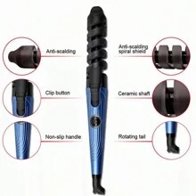 Plancha Rizadora En Espiral, Automatico, Conveniente Para Prevenir Quemaduras Y Daños En El Cabello, Para Crear Un Peinado Con Rizos Internos Y Ondas barberia - Azul - Ver 4