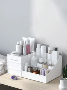 1pc White/Pink Double Layer Jewelry & Cosmetic Organizer Box With Lipstick Grid - White - View 5